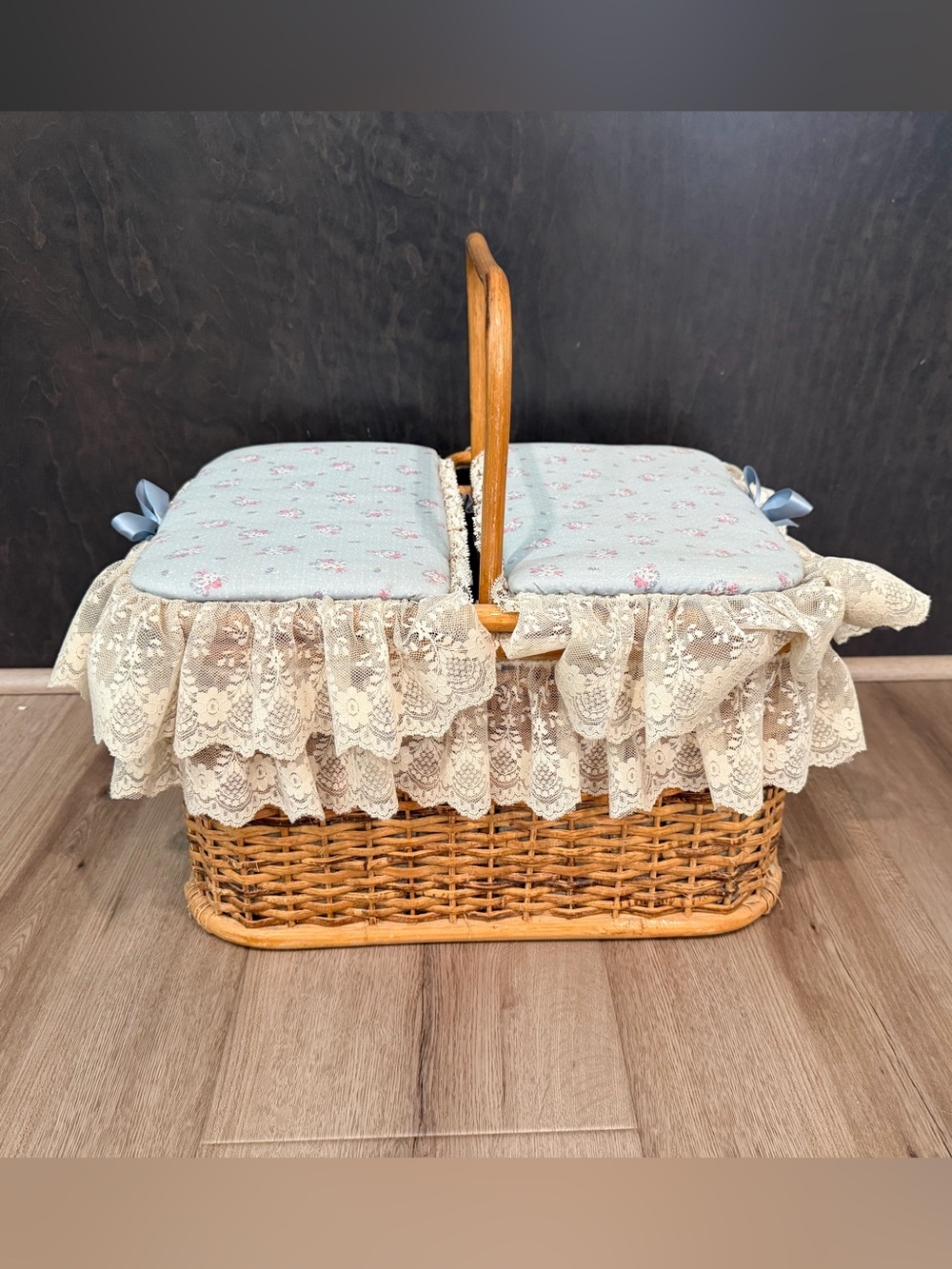 Vintage Wicker Sewing Basket Blue Floral Lined Lace Ruffle Cottagecore Large